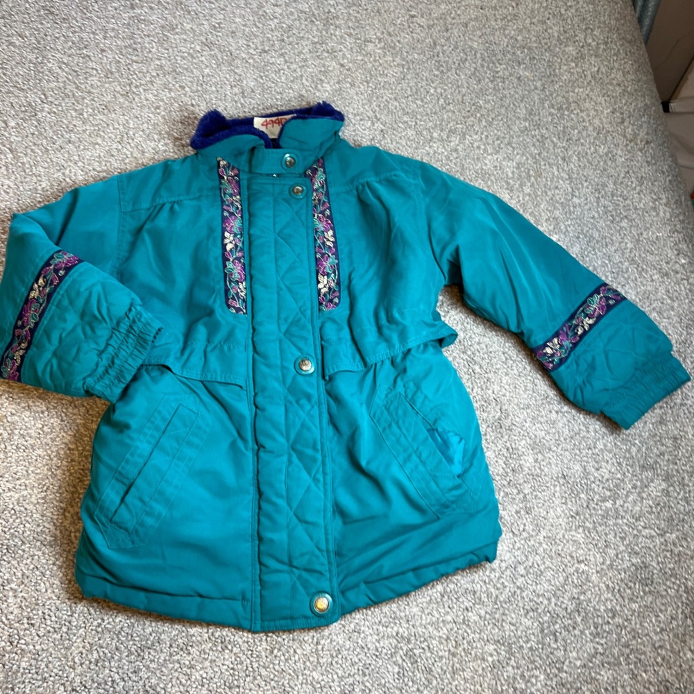 Vtg Quilted Puffer ski Jacket Kids M 8-10 Teal Floral Embroidered Faux Fur 80s